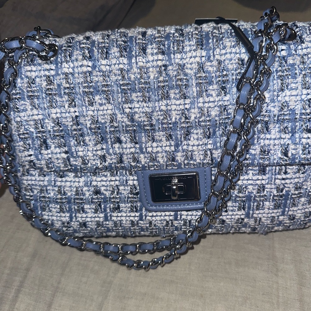 Karl Lagerfeld Blue and White Tweed Shoulder Bag